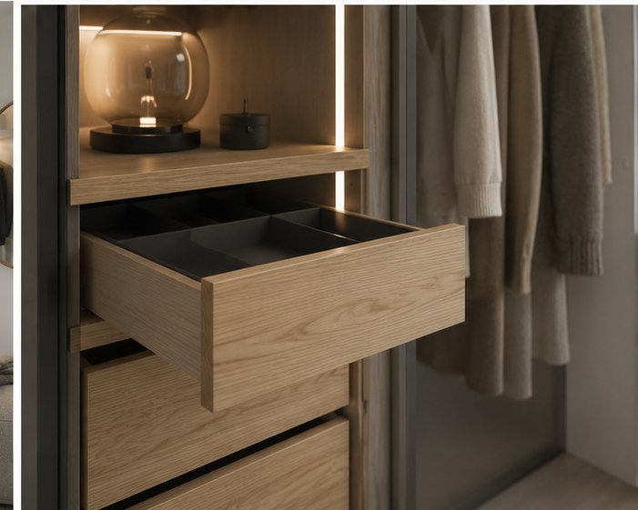Detalle de cajón interior de madera con organizadores dentro de un armario empotrado
