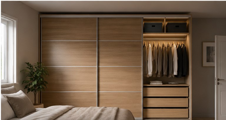 Armario con puertas correderas en acabado de madera y módulo interior con barra y cajones