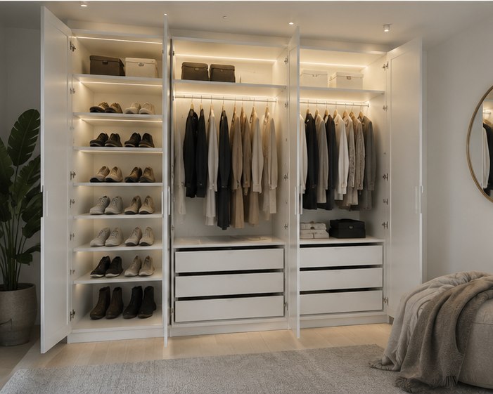 Armario empotrado con puertas abatibles blancas combinando zapatero, barras para colgar y cajones