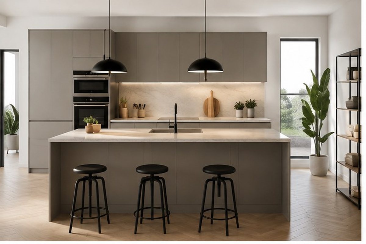 Cocina reformada con isla central, encimera clara e iluminación bajo los muebles altos