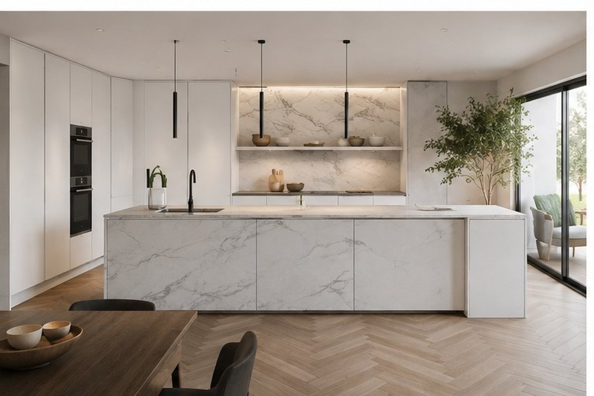 Cocina con isla y frente de mármol, ejemplo de acabado de gama alta