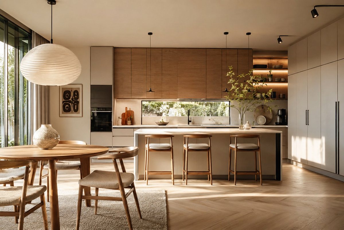 Cocina reformada con isla central, muebles de madera y zona de comedor integrada