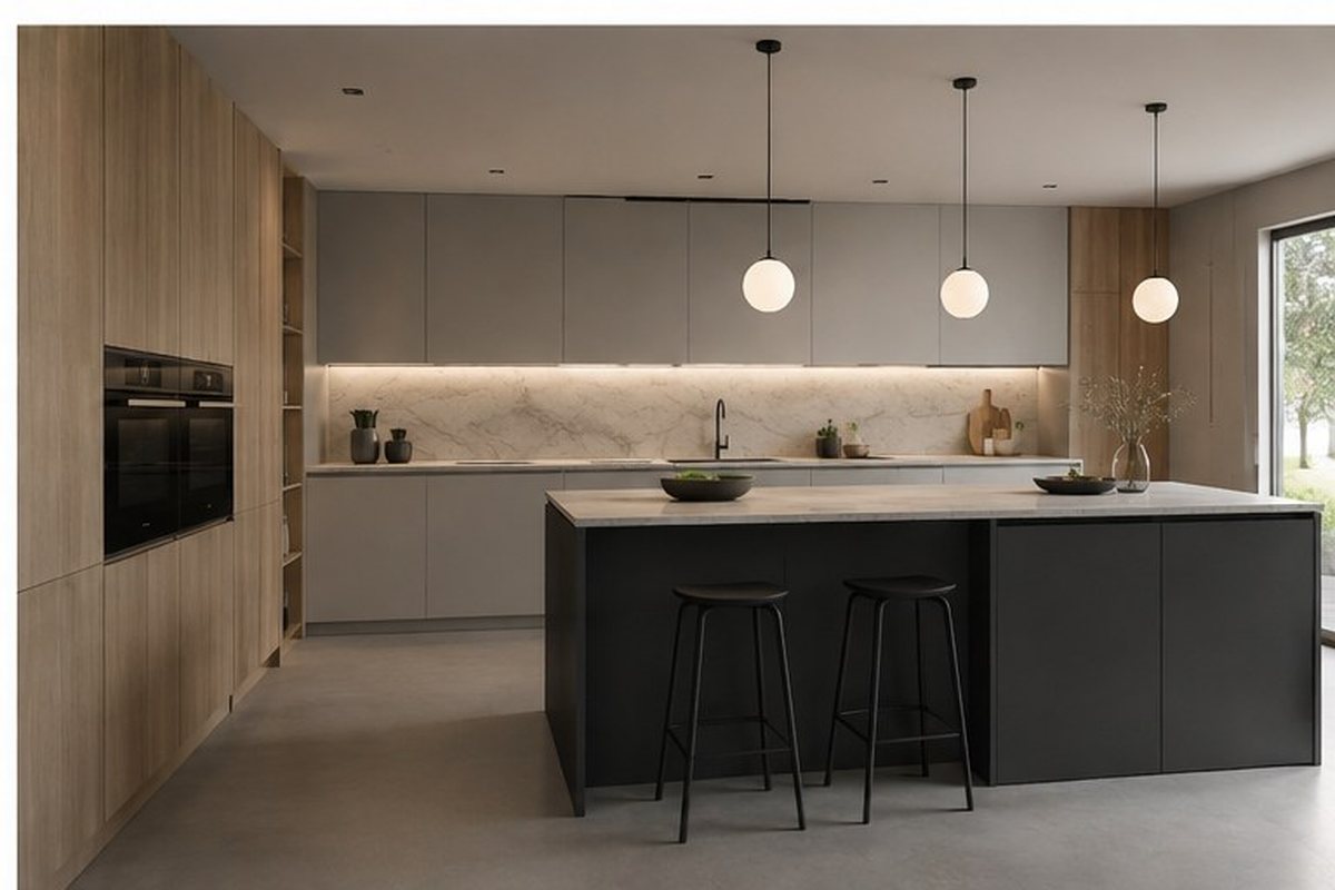 Cocina moderna con isla oscura y muebles de madera