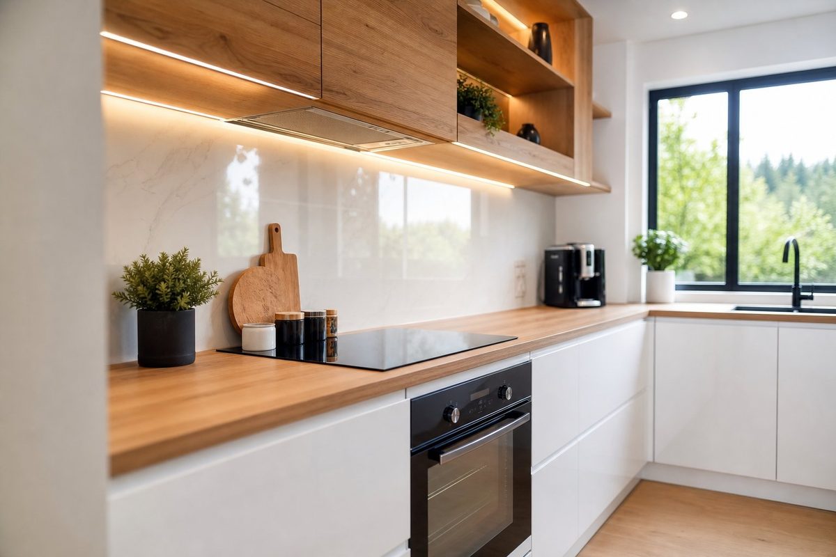 Cocina reformada por MO Multiservicios, con encimera de madera y vitrocerámica